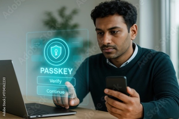 Obraz Verifying digital security passkeys home office technology image indoor environment close-up view cybersecurity concept