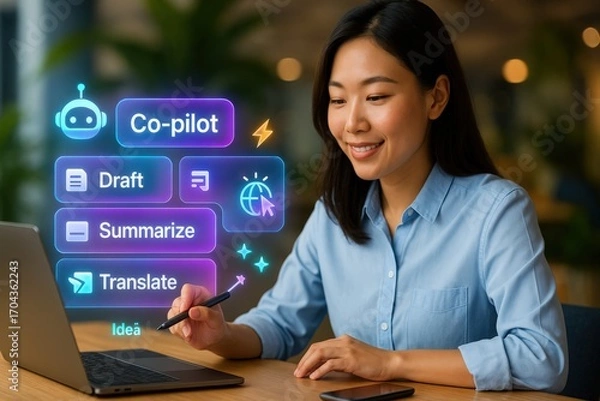 Obraz Innovative ideas and productivity enhancement woman using ai tools for work in a modern office environment