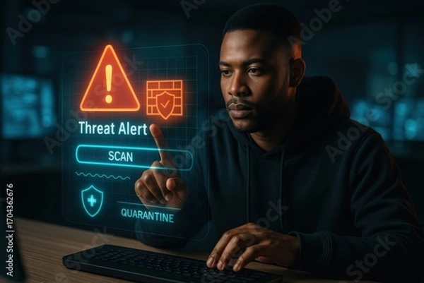 Obraz Cybersecurity action threat alert notification office environment digital content technology close-up view security concept