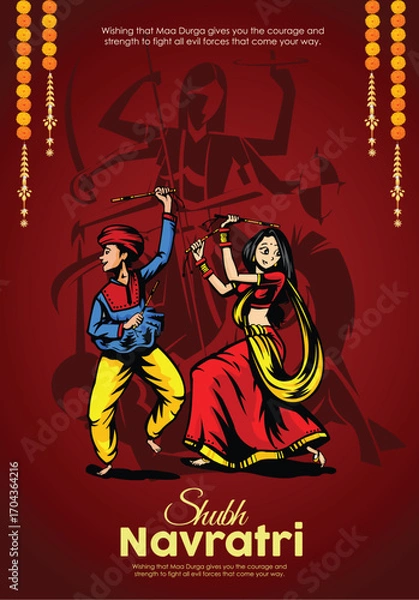 Fototapeta Illustration of Goddess Maa Durga in Happy Dussehra Navratri background Template Design celebrated in Hindu Religion and festival of happy durga puja