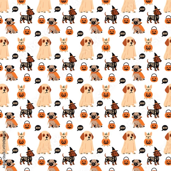 Fototapeta a seamless Halloween-themed pattern featuring cartoon dogs in costumes — including a pug vampire, a ghost dog, a dachshund skeleton witch, and a French bulldog pumpkin — along with jack-o-lantern buck