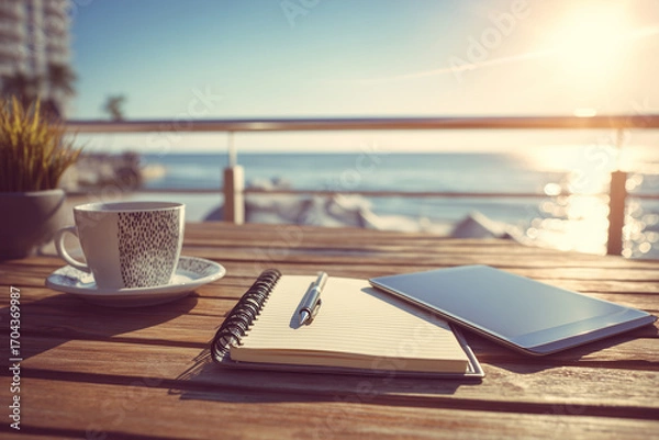 Obraz Notebook, Coffee, and Tablet on a Wooden Desk Overlooking a Sunny Ocean View