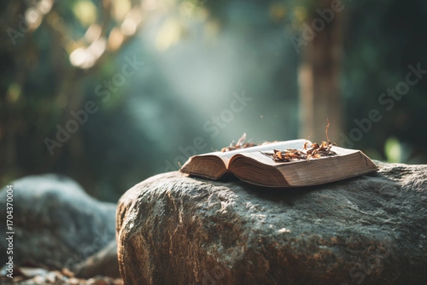 Fototapeta Open Book Resting on a Rock in a Serene Forest Setting