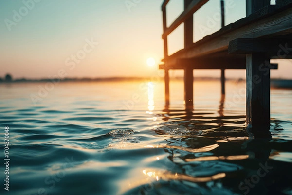 Fototapeta Serene Lakeside Sunset with Gentle Waves and Wooden Pier in Focus