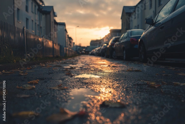 Fototapeta Urban Street at Sunset With Reflection on Wet Ground and Autumn Leaves