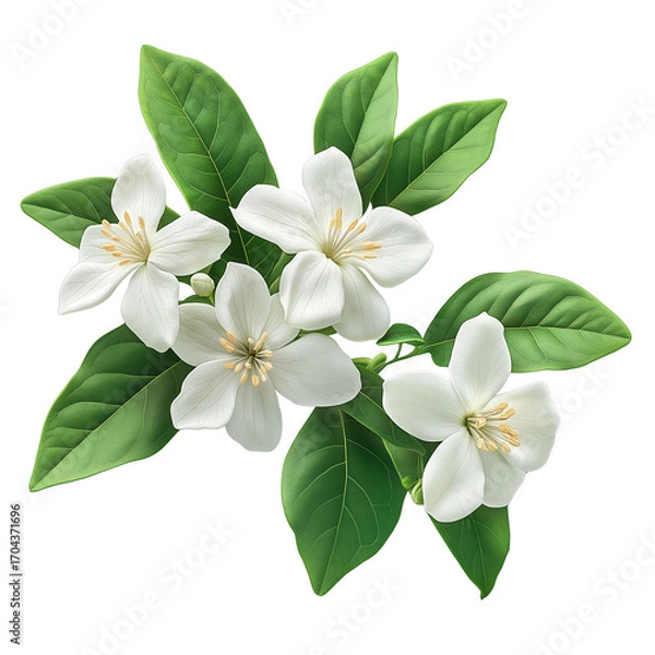 Fototapeta Jasmine Flowers with Vibrant Leaves Isolated on Transparent Background, Vibrant Jasmine Flower for Floral Design