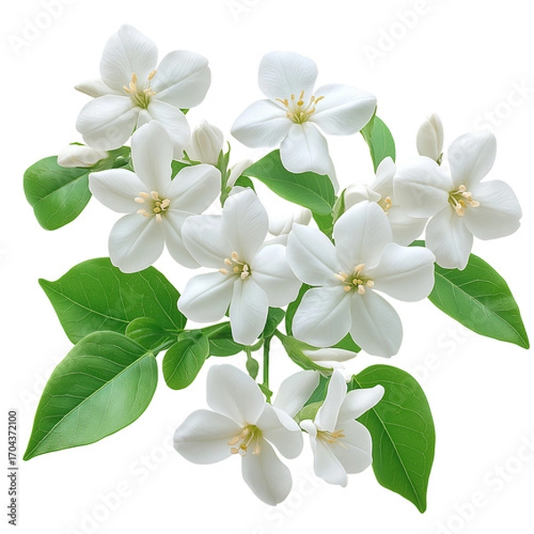 Fototapeta Jasmine Flowers with Vibrant Leaves Isolated on Transparent Background, Vibrant Jasmine Flower for Floral Design