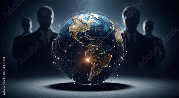 Fototapeta Shadowy figures in silhouette surrounding illuminated Earth globe representing hidden global powers controlling world affairs from behind scenes