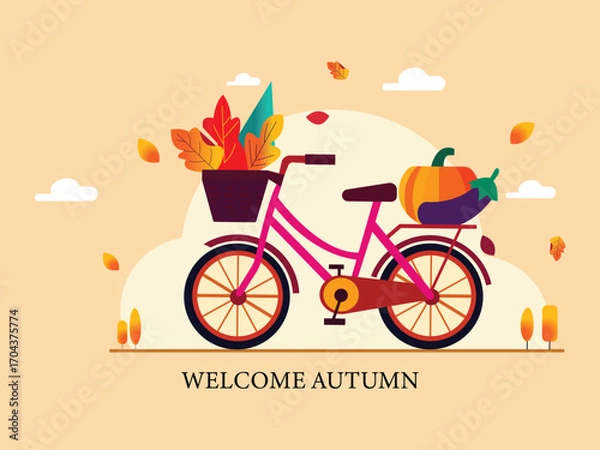 Obraz Autumn Bicycle Illustration with Pumpkin and Fall Leaves