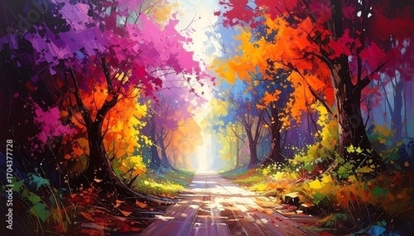 Fototapeta Colorful autumnal pathway through trees