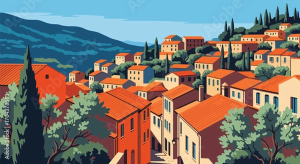 Fototapeta Flat vector illustration of a Mediterranean hillside village with terracotta rooftops, cypress trees, and a church tower, evoking Italian, Greek, or Spanish coastal charm and timeless architecture