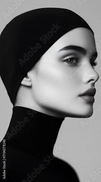 Fototapeta Monochrome elegance: Portrait of a woman in a black beanie and turtleneck, showcasing striking features against a neutral backdrop in a minimalist style.