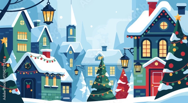 Fototapeta Scenic vector landscape illustration of a snowy village decorated with Christmas lights and trees, creating a festive winter holiday atmosphere filled with warmth and celebration