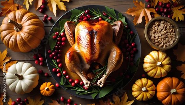 Fototapeta A festive Thanksgiving feast flat lay with a roasted turkey surrounded by cranberries, pumpkins, and leaves. Ideal for holiday menus and food blogs.