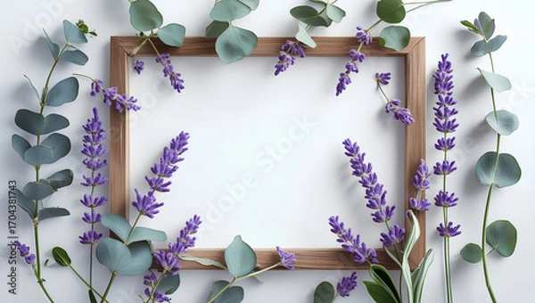 Fototapeta A serene frame with soft green eucalyptus leaves and purple lavender sprigs on white. Mockup ideal for spa, wedding, or wellness branding.