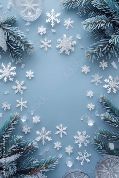 Fototapeta A festive winter frame of snow-dusted evergreen branches and snowflakes on a  blue background. Mockup with copy space perfect for Christmas and holiday invitations.