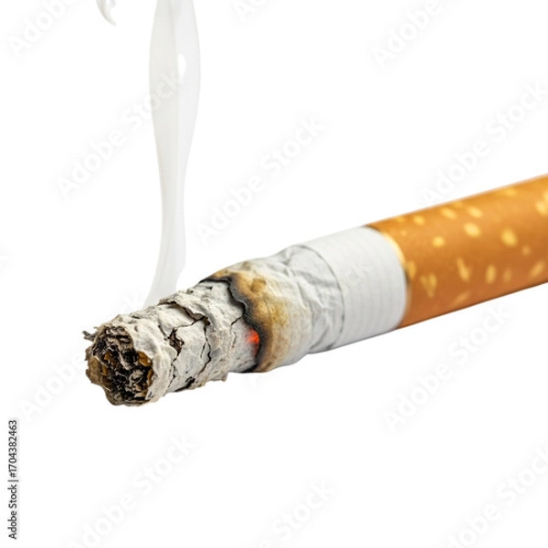 Fototapeta Used cigarette stub with ashy tip and visible smoke trail, slightly crumpled filter isolated on clean white background symbolizing harmful social issue