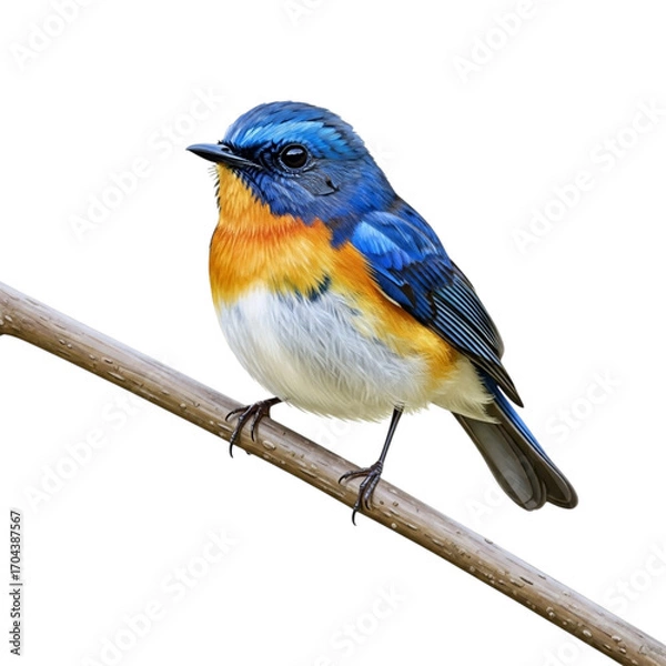 Fototapeta Vibrant Blue-throated Blue Flycatcher perched on slender twig, showcasing azure and orange plumage with creamy belly in close-up under soft lighting