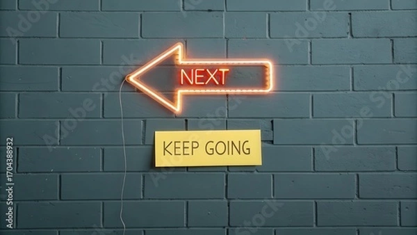 Fototapeta Neon Arrow Sign with Next Direction and Motivational Message