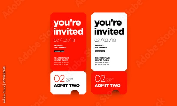 Fototapeta You're Invited Invitation in Flat Ticket Style Design With Venue Date and Time Details