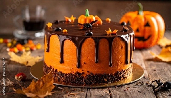 Fototapeta A decorated Halloween cake with a pumpkin and other Halloween decorations. The cake is on a table with a cup of coffee and a jack-o'-lantern pumpkin