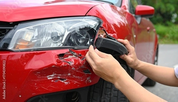 Fototapeta A person inspects the damage after a car accident, focusing on the damaged headlight and front bumper
