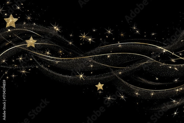 Obraz Golden stars and glittering trails over a dark background create a magical and elegant festive design. Decorative, festive and celebratory.