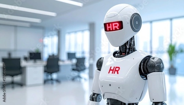 Fototapeta A futuristic robot designed for human resources stands in a modern office, it has the letters HR displayed prominently