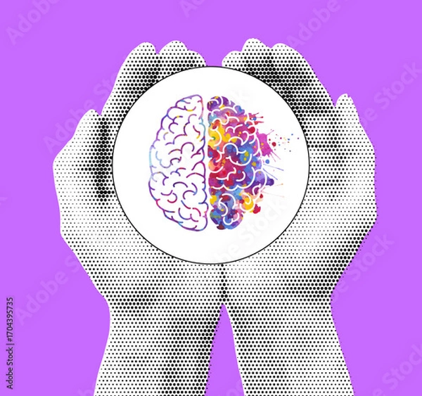 Fototapeta Hands Holding an Circle with Watercolor Brain Illustration Symbolizing Knowledge, Creativity
