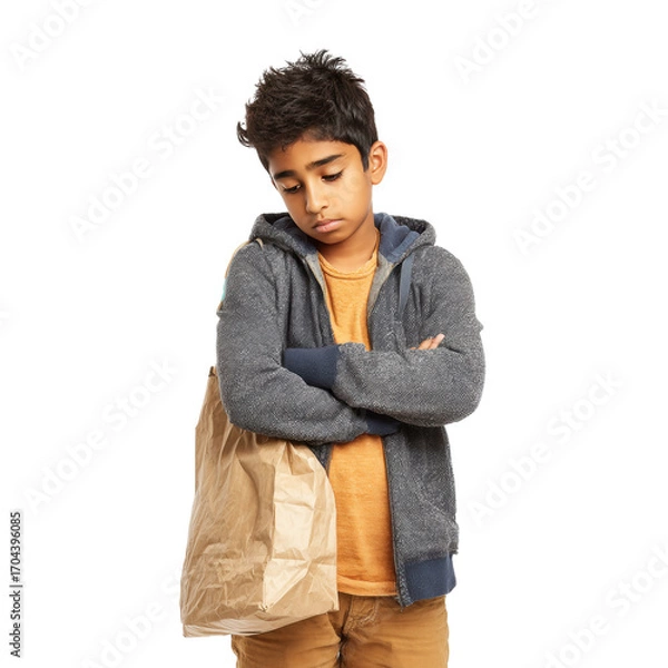 Obraz South Asian boy with arms crossed and grocery bag on transparent