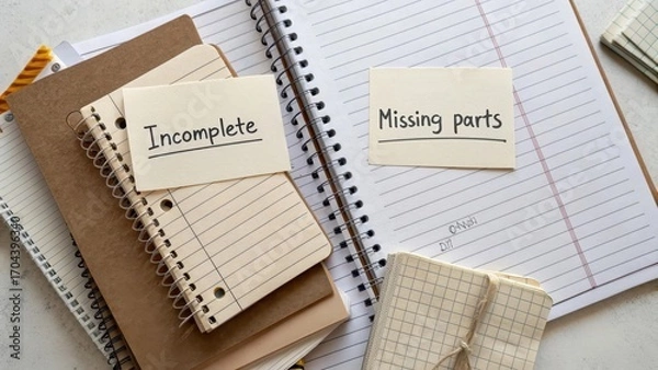 Fototapeta Notes on Desk with Labels Indicating Incomplete and Missing Parts