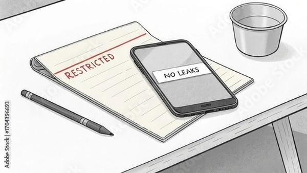 Obraz Restricted Note and Phone with No Leaks Warning on Desk
