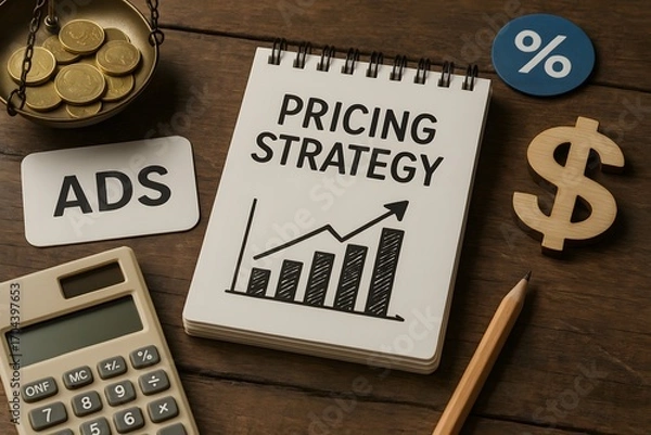 Fototapeta Business concept with pricing strategy, ads, calculator, and currency. 
