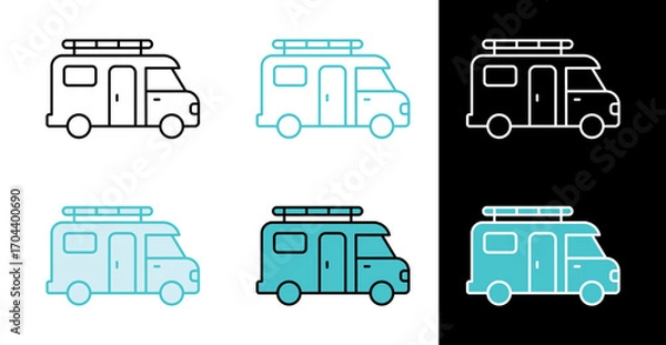 Fototapeta Camper van with roof rack icon for road trips and camping adventures in line and fill style