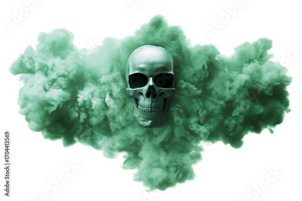 Fototapeta Human Skull Emerging From Green Smoke Cloud explosion isolated on a transparent background