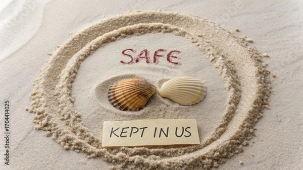 Fototapeta Message in Sand with Shells and Text on a Beach Environment