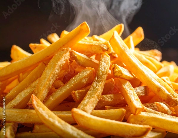 Fototapeta Steaming Pile of Golden French Fries on Dark Background, Close-Up Shot