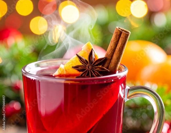 Fototapeta Steaming Mulled Wine with Orange, Star Anise, and Cinnamon Stick, Festive Background