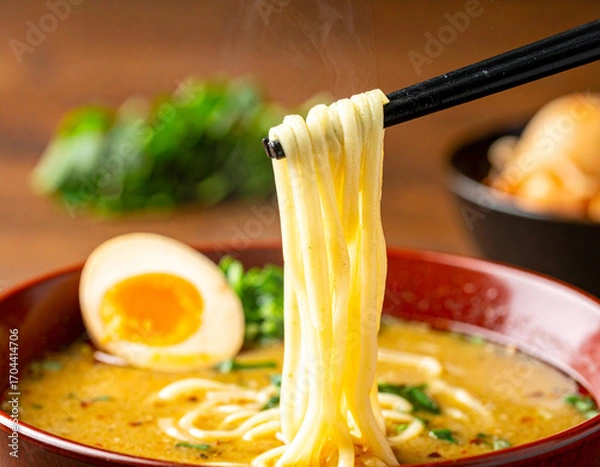 Fototapeta Steaming Ramen Noodles Held by Chopsticks over a Bowl with Egg and Broth
