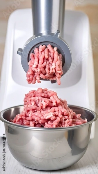 Fototapeta Ground meat emerging from a food processor