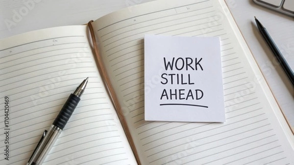 Fototapeta Work Still Ahead Motivational Note on Notebook Page with Pen