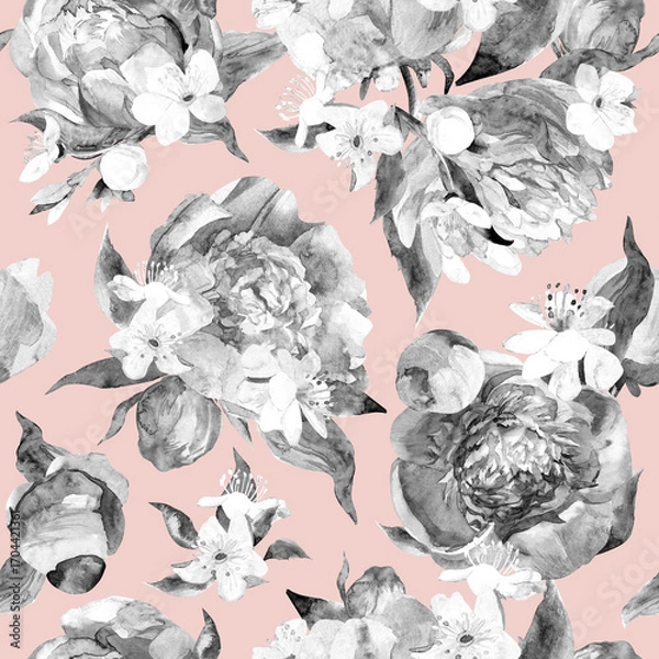 Fototapeta Seamless watercolor pattern with delicate peonies in monochrome black and white shades for textiles. High quality illustration