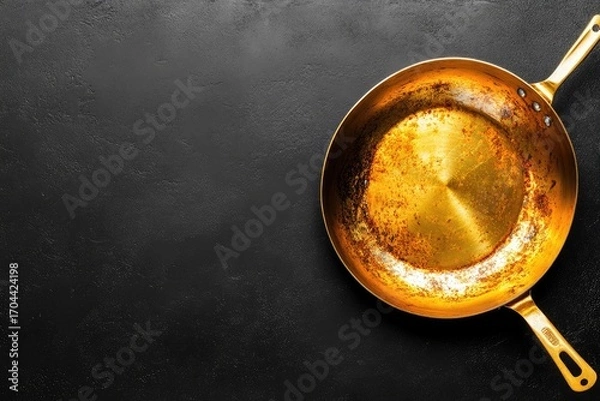 Obraz Empty gold colored frying pan on a dark surface.
