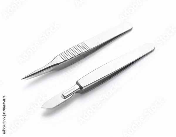 Fototapeta Surgical Scalpel and Forceps on White Background, Medical Instru