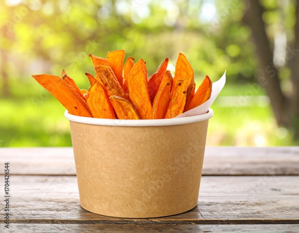 Fototapeta Sweet Potato Fries in Paper Cup on Wooden Table with Green Background
