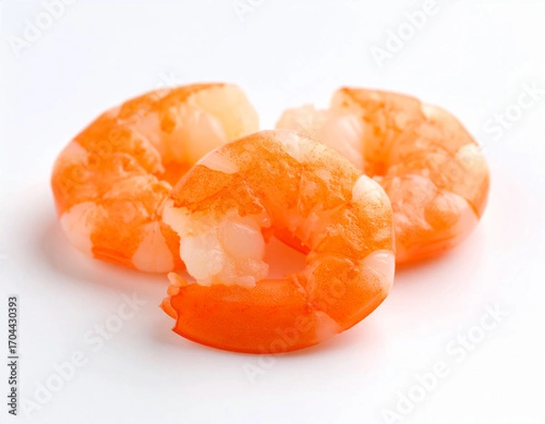 Fototapeta Three Cooked Shrimp on White Background, Close-Up Seafood Still Life