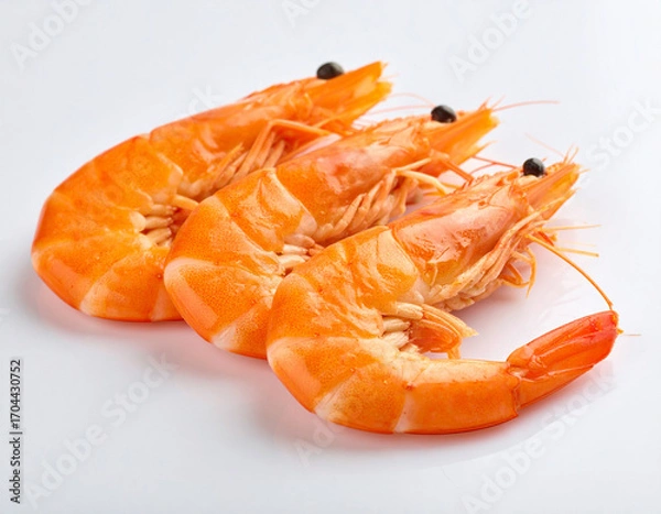 Fototapeta Three Cooked Shrimp on White Background, Close-Up View, Seafood Delights