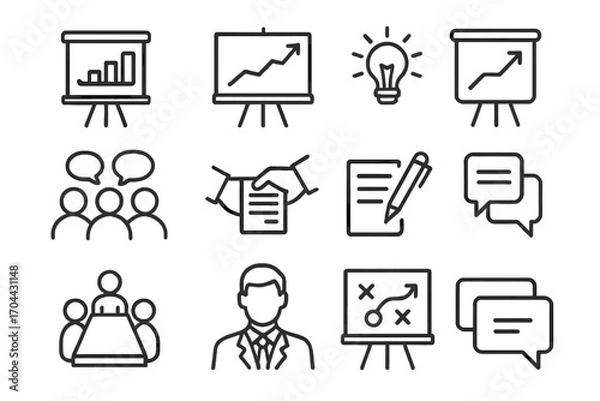 Fototapeta Consulting Icons Set. Line style icons of consulting and strategy talk: flip chart, business graph, whiteboard, idea bulb; group