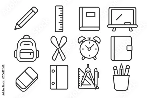 Fototapeta School Supply Icons. Line style icons of daily school items: pencil, ruler, book, chalkboard; backpack, scissors, alarm clock,
