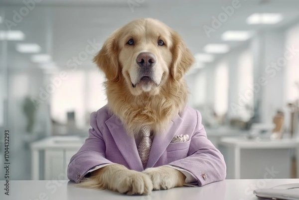 Fototapeta A serious golden retriever dog in a suit and tie sits at a desk in an office, looking professional and businesslike, waiting for an important meeting.
